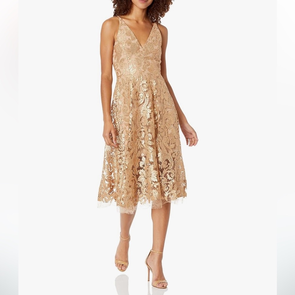Dress the population gilded holiday dress in gold/nude
